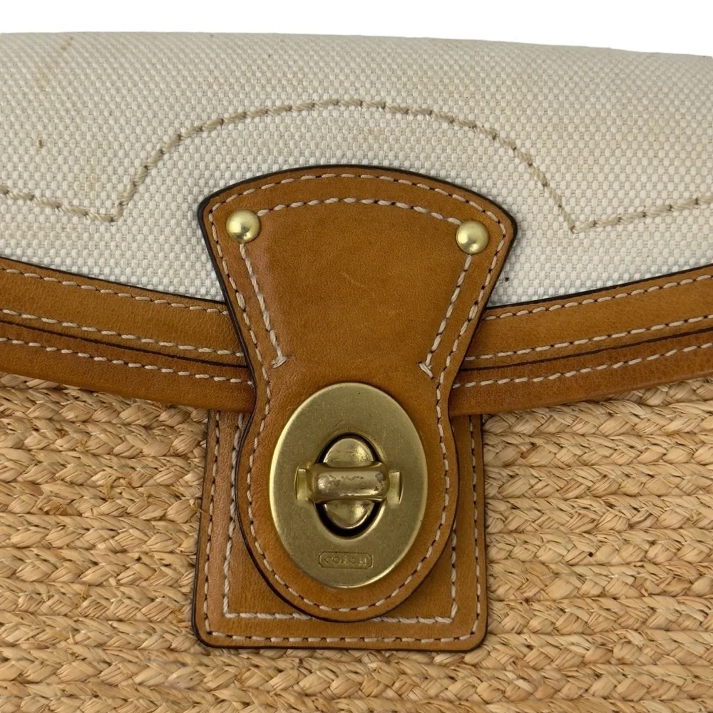 Coach Straw Summertime Clutch Wristlet Bag Natural Leather Trim Turnlock Coastal